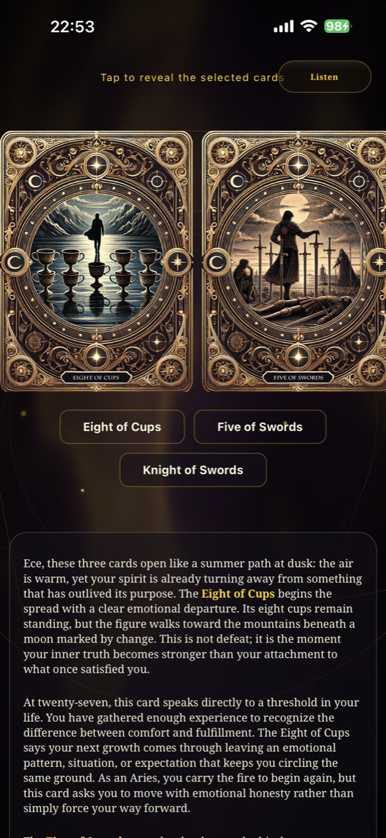 A tarot spread in the app